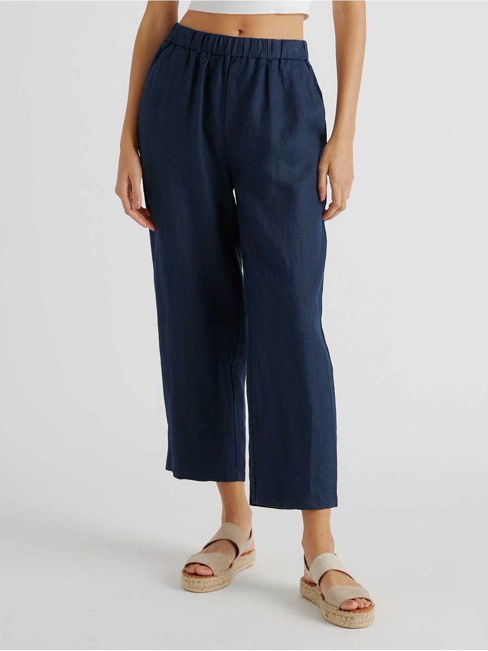 Quince Navy Elastic-Waist Wide-Leg Pants